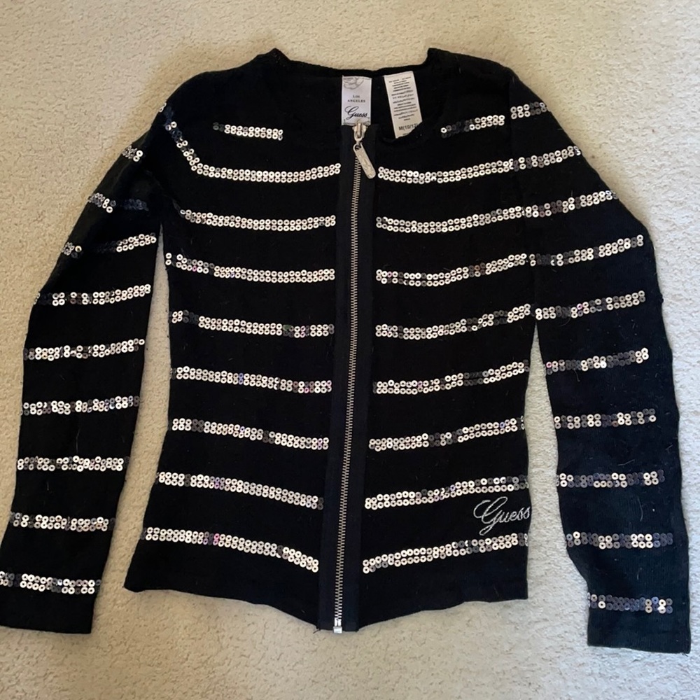 Guess girl black acrylic embroidered long sleeve zipper round neck knit cardigan